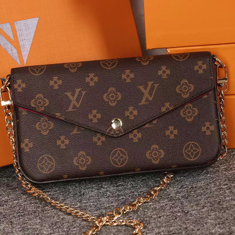

6 colors handbag fashion women purse chain bag three-piece flower bag ladies PVC leather classic wallet card with box louise Purse vutton Crossbody viuton Bag, Brown grid