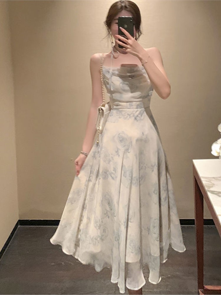 

Summer Party Midi Elegant Dress Women Strap Sexy Design High Wasit Vintage Casual Sleeveless Chiffon Sweet 220418, Blue cardigan