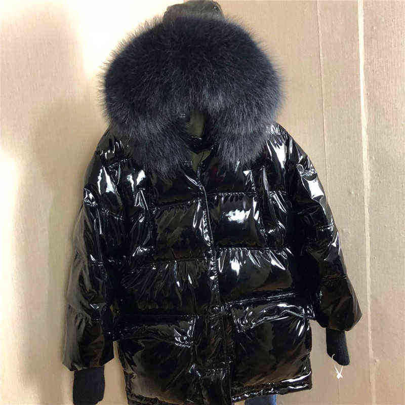 

Large Fur Lacquer Leather Winter Jacket Women Thicker Long Down Parka Hooded Female Duck Down Waterproof Jacket J220727, Black