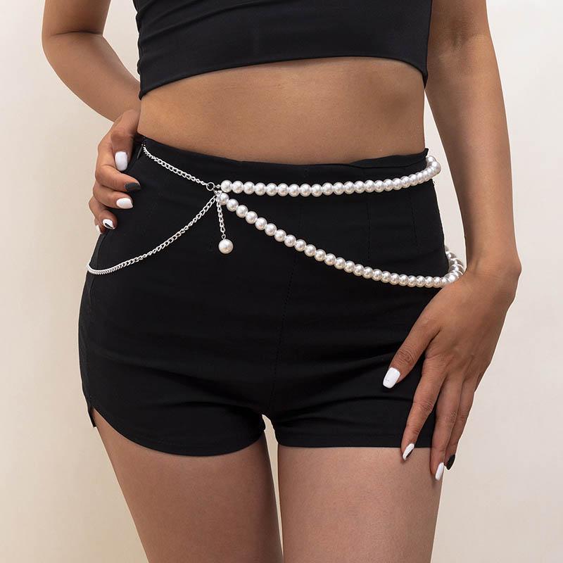 

Belts Ladies Adjustable Pearl Chain Belt Sexy Double Layer Beads Waist Women Body Decoration Jewelry, Silver