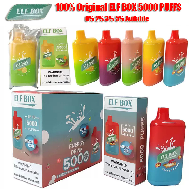 

100% Original ELF BOX 5000 E Cigarette Mesh Coil Disposable Vape Rechargeable Battery 5% 2% 3% 0% Strength 12ml Capacity 10 Colors