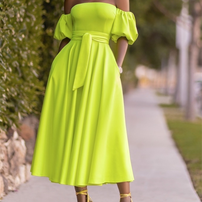 

Women Dress Off Shoulder Backless A Line with Belt High Waist Pleated Summer African Female Gowns Sexy Holiday Fashion Robes 220429, Lemon yellow