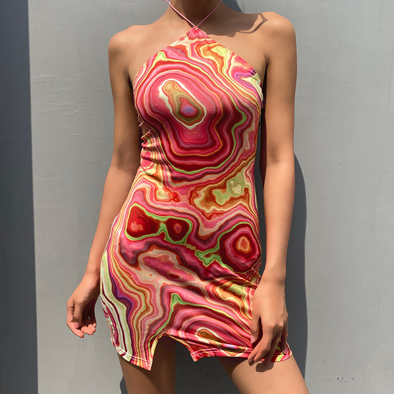 

Summer European and American dress style fashionable women' wear new vortex print hanging neck backless dress short skirt sundress, Red