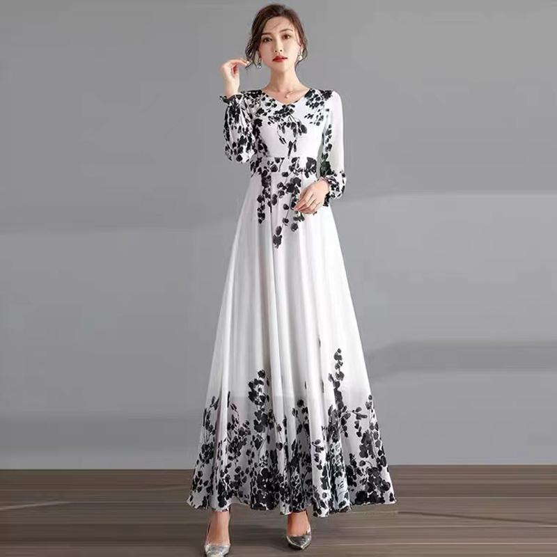 

Casual Dresses Ink Flower Long-sleeved Chiffon Dress Women 2022 Spring And Autumn Elegant Waist Thin Holiday Printing Long DressCasual, Black