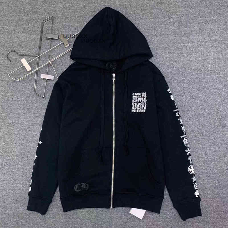 

men's hoodie high quality chrome//heart Sanskrit crow flower arm small horseshoe zipper Hoodie printed coat sweater men's and women's loose hoodie jacket long sleeve, Black
