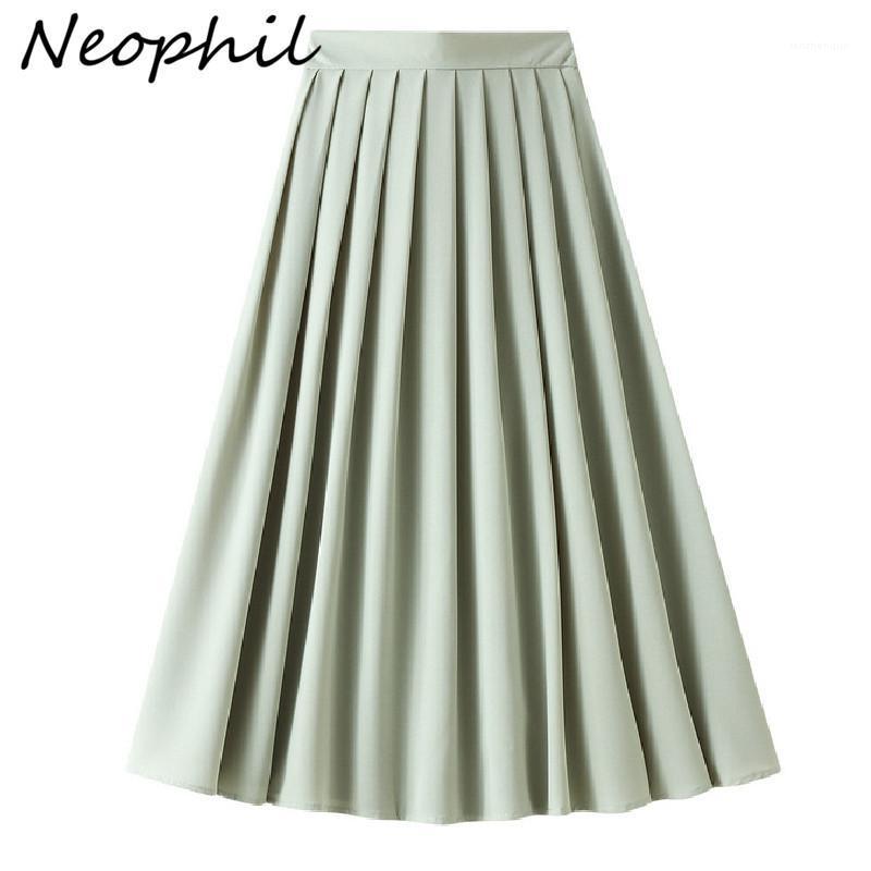 

Neohil 2022 Summer Women Solid High Wasit Midi Pleated Skirts A-Line Black Elastic Casual Office Work Female Skirt Jupe S21411