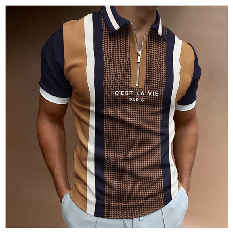 

Summer High Quality Men Polo Shirts High Street Print Casual Short Sleeve Mens Shirts TurnDown Collar Zipper Polo Shirt Men 220615, Polos-71