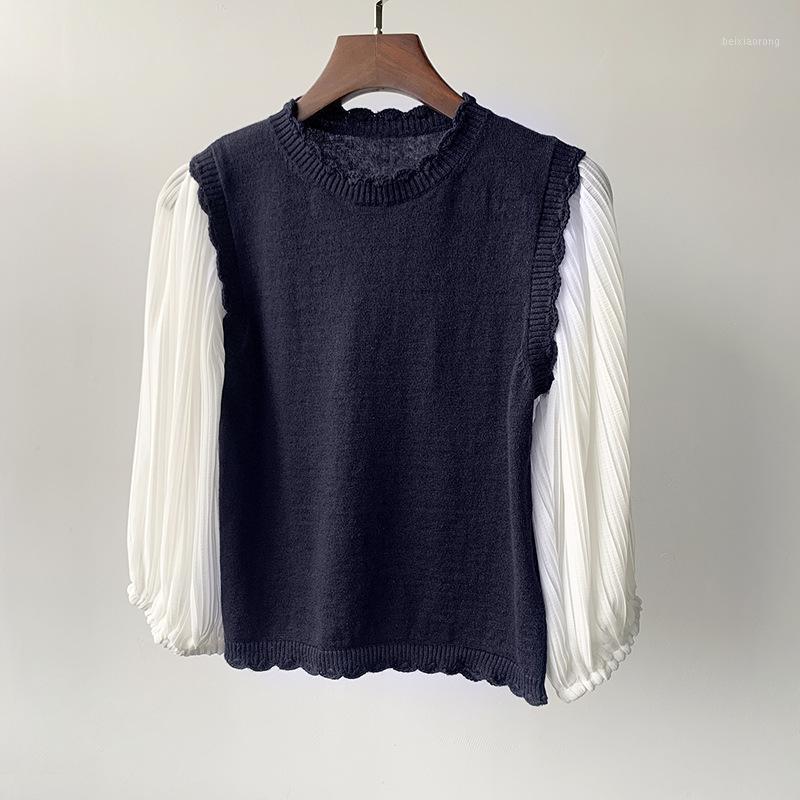 

Women' Sweaters Women Linen Stitching Crocheted Knitted Sweater 2022 Early Autumn Winter Ladies Three Quater Lantern Sleeve Fashion Pullove