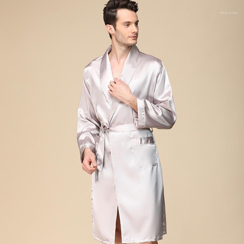

Men's Sleepwear High-Quality Satin Bathrobe Nightgown Men Casual Home Nightwear Lingerie Silk Pajama Male Sleep Tops Robe 4XL 5XL, Gray