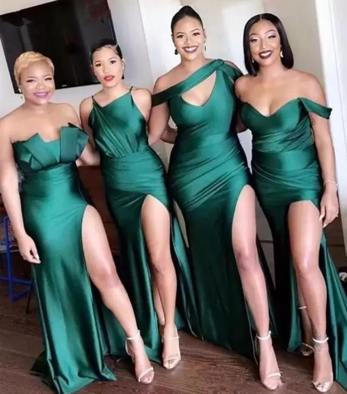 

Newest Sexy Side Split Prom Dresses Mermaid Deco Art Inspired Neck Satin Bridesmaid Dress Special Party Evening Dresses Vestidos De Noiva