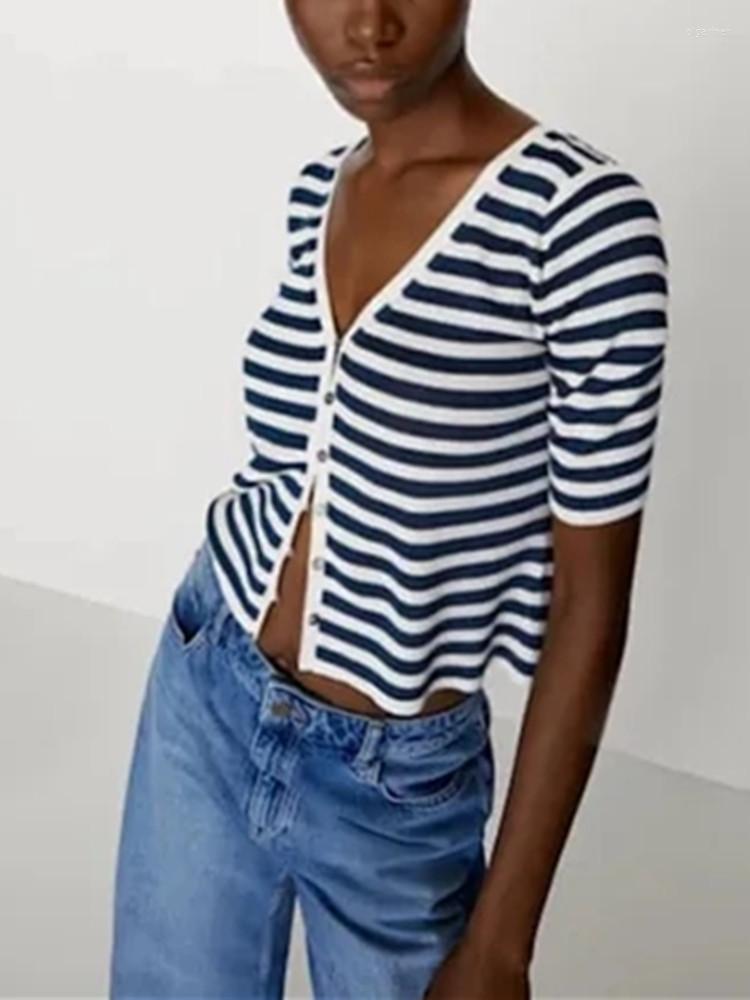 

Women' Knits & Tees Women V-Neck Knit Sweater Short Sleeve Ladies Single-Breasted Classic Stripes Cardigan Knitwear Tops SimpleWomen' Olga, Top