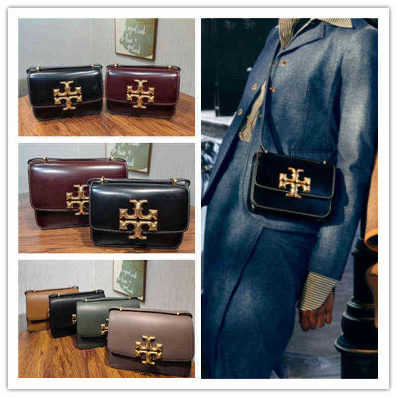 

Designer Torysburchs TB bag autumn and winter Eleanor cowhide gold brick outer suture Single Shoulder Messenger small square tofu, Black belt large