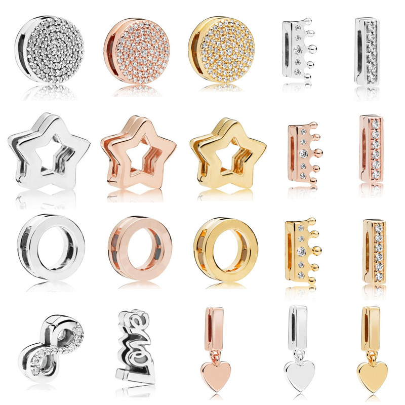 

925 Sterling Silver Charm Shine Charming Reflexions Sparkling Infinity Clip Beads Crown Floating Love Star shaped Charms