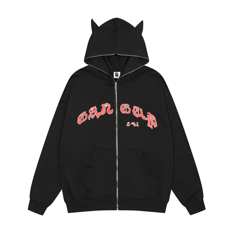 

Retro Streetwear Solid Color Casual Terry Men's Hoodies Autumn and Winter Letter Print Cardigan Harajuku Zipper Hooded Jackets, Black