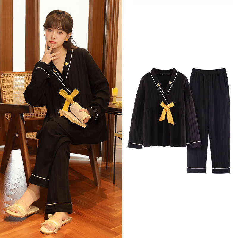 

New Autumn Winter Pyjama Set Women Long Sleeve Pure Cotton Japanese Kimono Pants Suit Cute Cartoon Ladies Home Cloing J220730, Brown