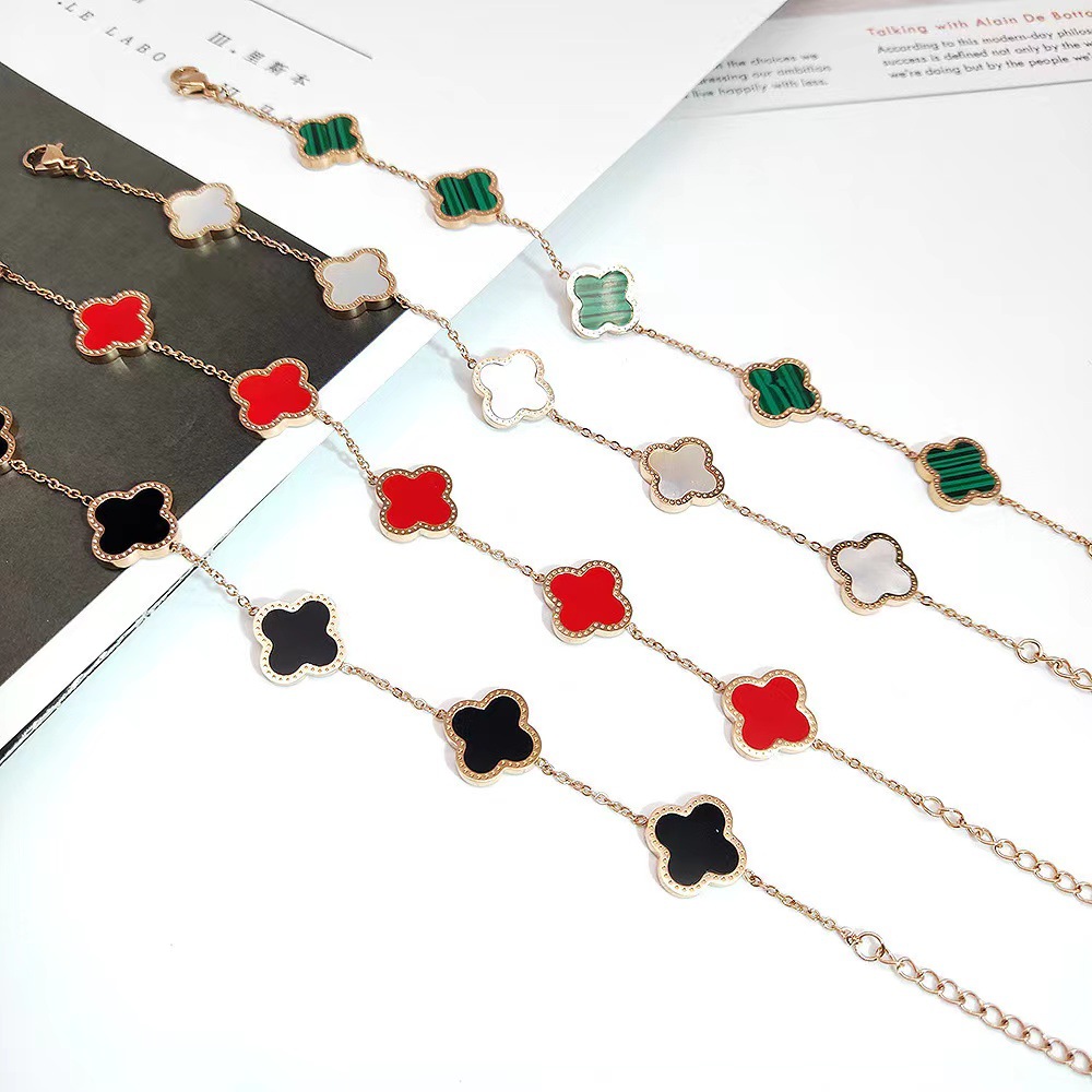 

Luxury Design Colorful Four Leaf Clover Charm Bracelet 18K Rose Gold Stainless Steel Jewelry for Women