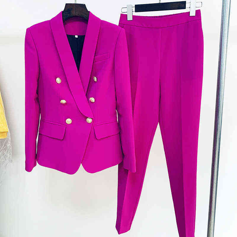 

Purple Yellow Pink Pantsuits Two Piece Set Women Office Ladies Double Breasted Gold Buttons Nine Blazer Pants Set Formal Suits J220813, Beige white