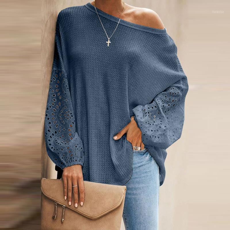 

Women' Blouses & Shirts 2022 Autumn Fashion KniStitching Tops For Women Hollow Out Lace Lantern Long Sleeves Solid Color Bohemian Loose Tun, Blue