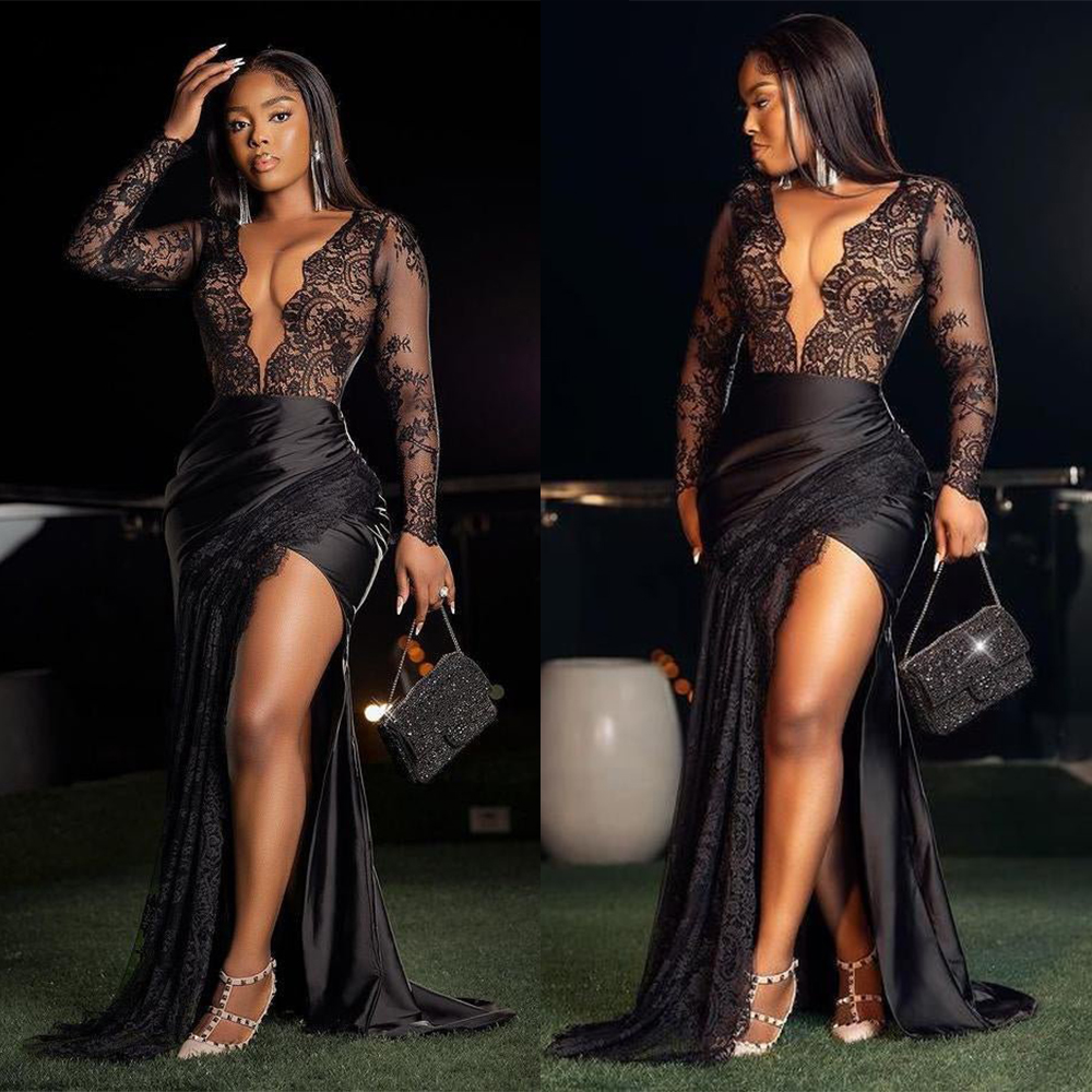 Black Sexy Mermaid Prom Dresses Sexy V Neck Sequins Beads Long Sleeves Glitter Elegant Floor Length High Waist High Side Split Evening Formal Dre