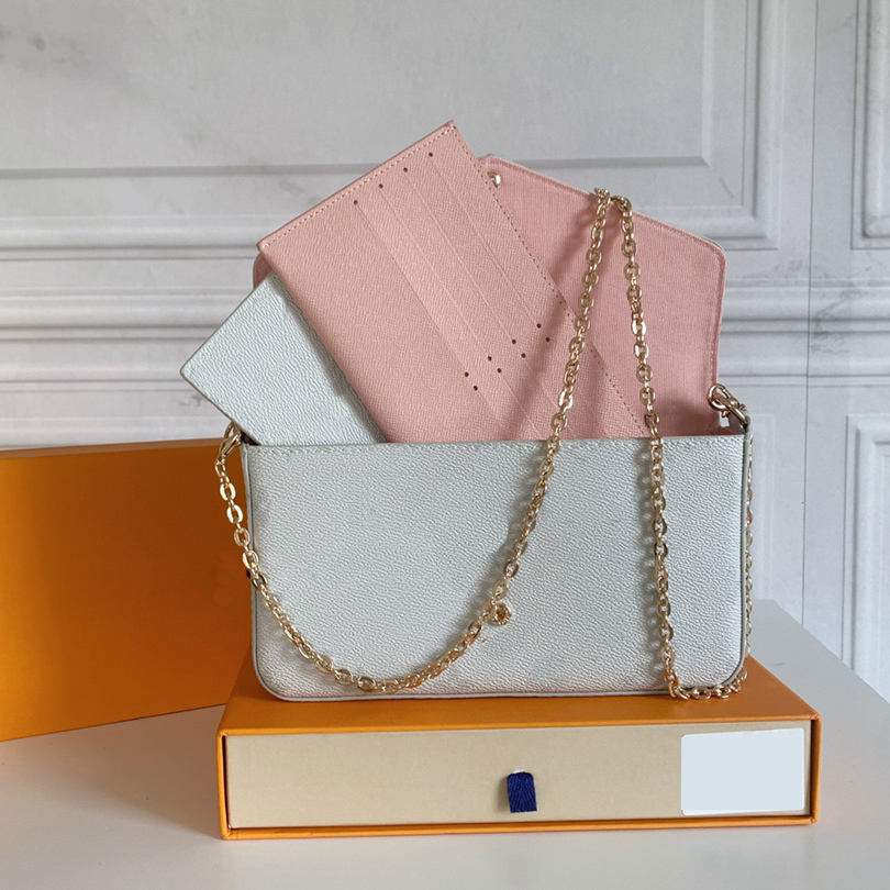 

Luxury Designer Handbag Purse Women POCHETTE FELICIE Shoulder Bag 3pcs/set with Box Embossed Flower Leather Clutch Crossbody Messenger Bags Chain Coin Pouch Tote, Brown flowers+peach inside