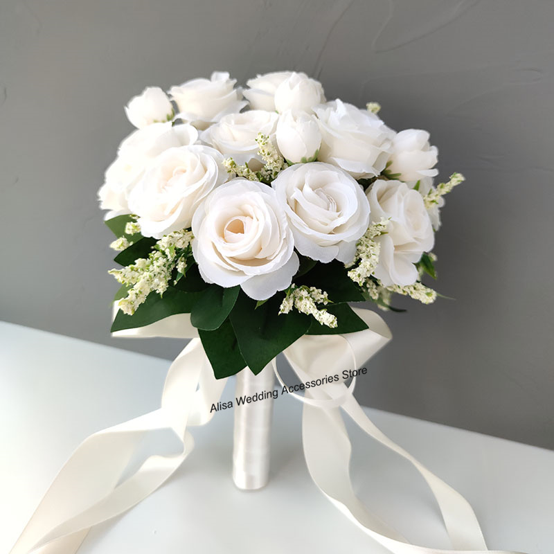 

Bridal Bridesmaid Wedding Bouquet White Silk Flowers Roses Artificial Bride Boutonniere Pins Mariage Bouquet Wedding Accessories, 25*20cm