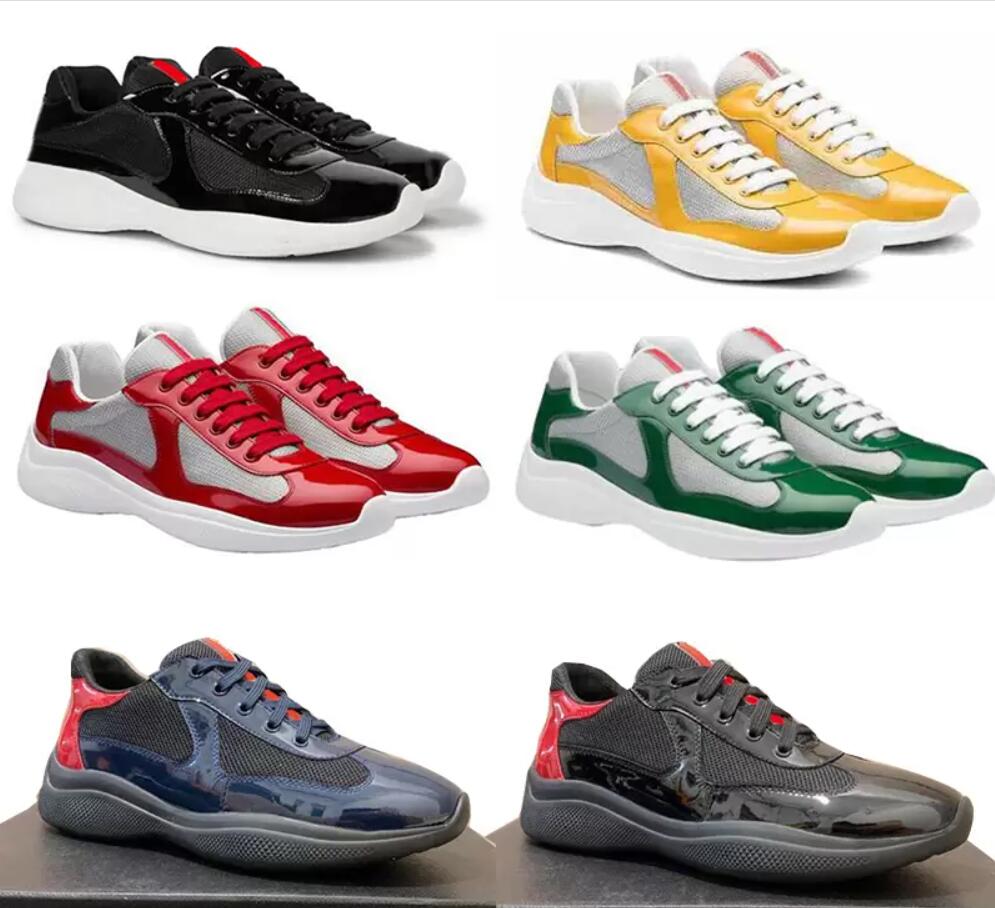 

Men Dress Shoe America Cup Sneaker Designer Sneakers Patent Leather and Nylon Flat Trainers Black Blue Mesh Lace-up low top Casual Shoes Outdoor Runner Shoes With Box, 20