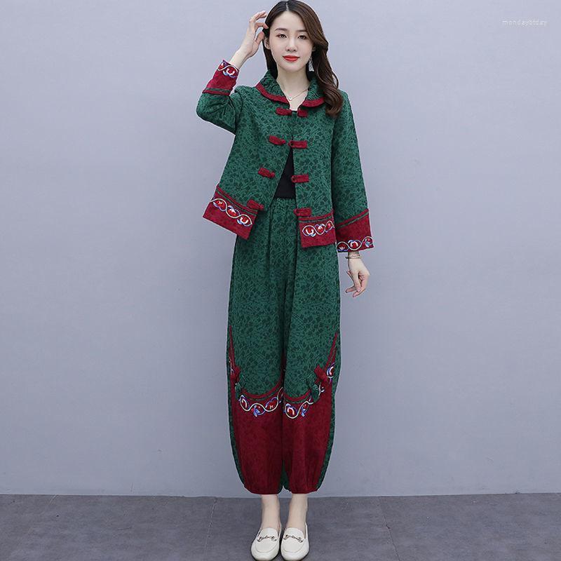 

Women's Two Piece Pants Woman Sets 2022Retro Embroidered Cotton Linen Set Women Long Sleeve Coat Suit Lantern Female 5XL, Black