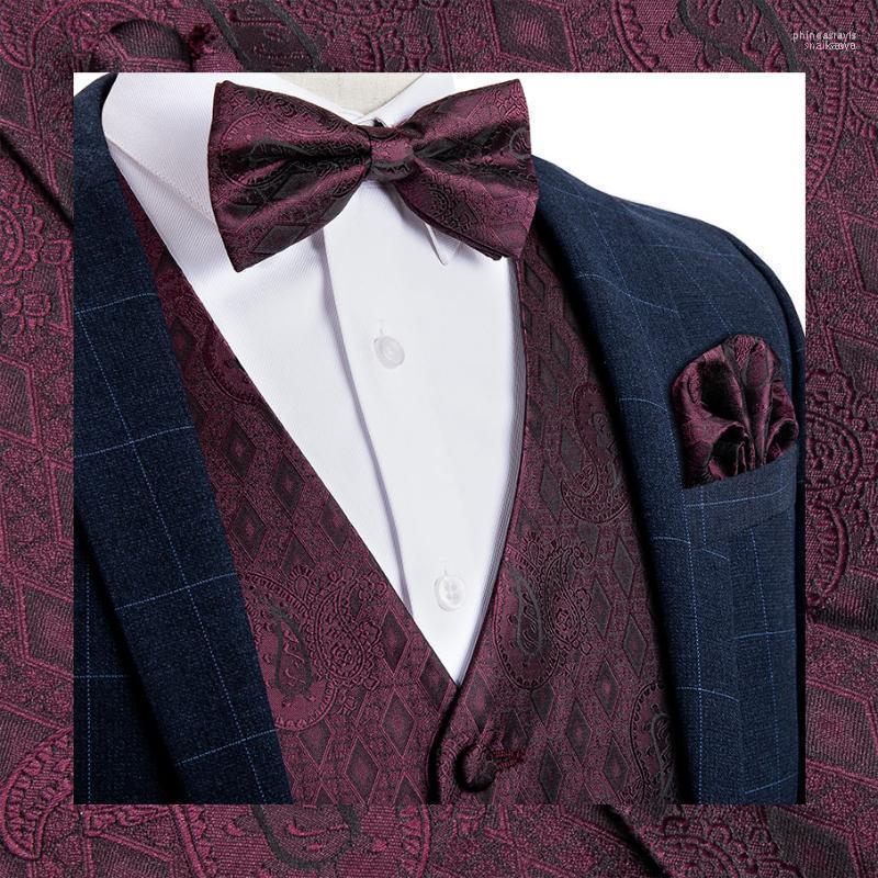 

Men' Vests Men Dark Red Paisley Suit Vest Silk Waistcoat Formal BowTies Cufflinks Pocket Square Set Tuxedo Male Gift J-115 Dobby Phin22, J-0115