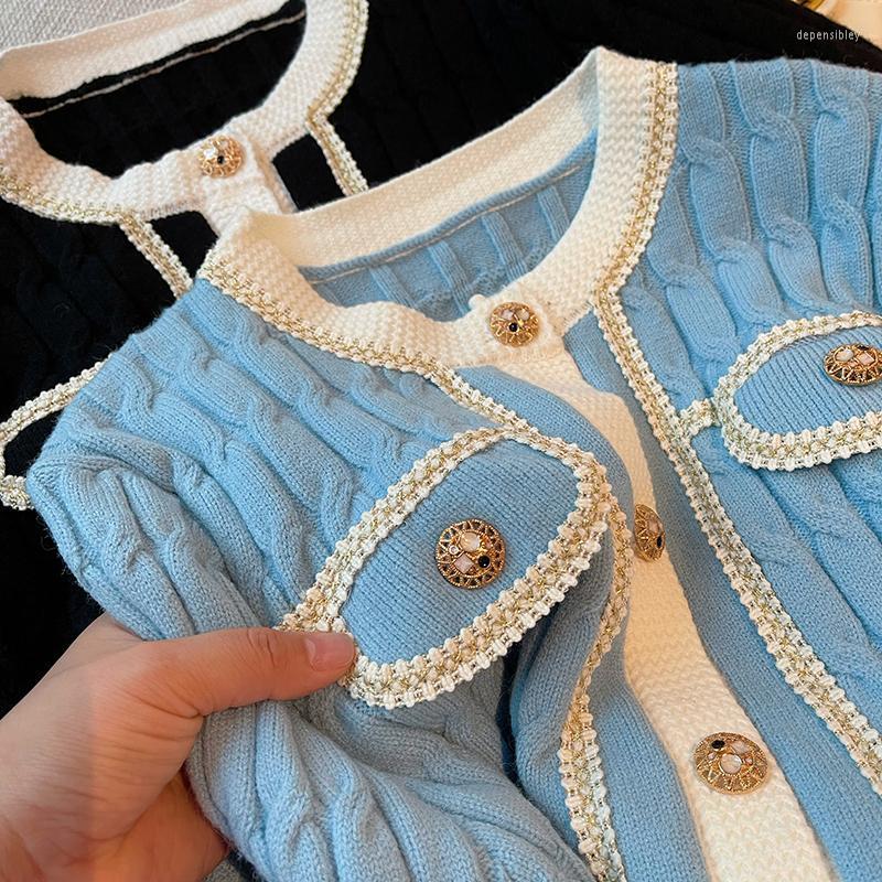 

Women's Knits & Tees High Quality Fashion Women Winter Vintage Elegant Sweet Cute Contrast Gold O Neck Knitted Cardigan Sweater Depe22, Sky blue
