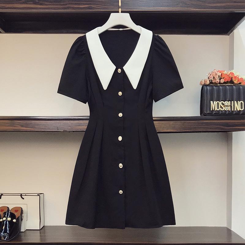 

Plus Size Dresses Summer Black Midi Shirt Dress Women Elegant Doll Collar Short Sleeve Pleated Large Single-breasted Party Vestido