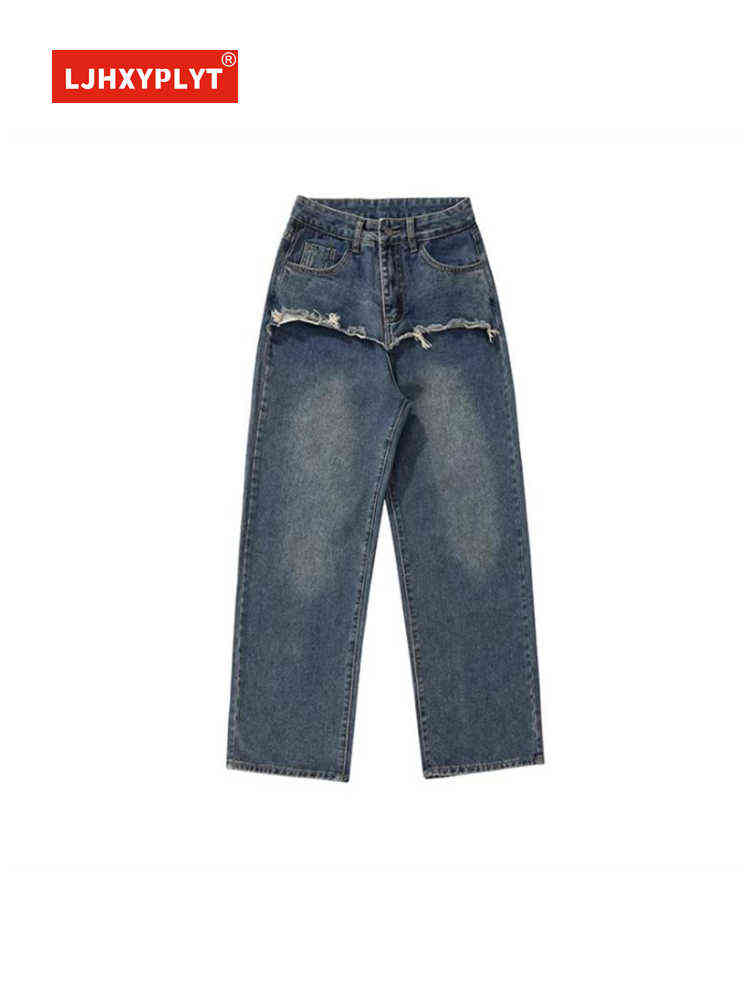 

Splicing Straight Jeans Women's Summer New Retro Hong Kong Style Loose Design Culottes High Street Wide Leg Denim Pants Female T220728, Blue