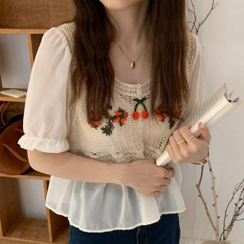 

Women's Blouses & Shirts Alien Kitty Lady Cherry Sweet Comfortable Girls Lace Embroidery 2022 Chiffon Thin Stylish Tops OL Women Summer, White