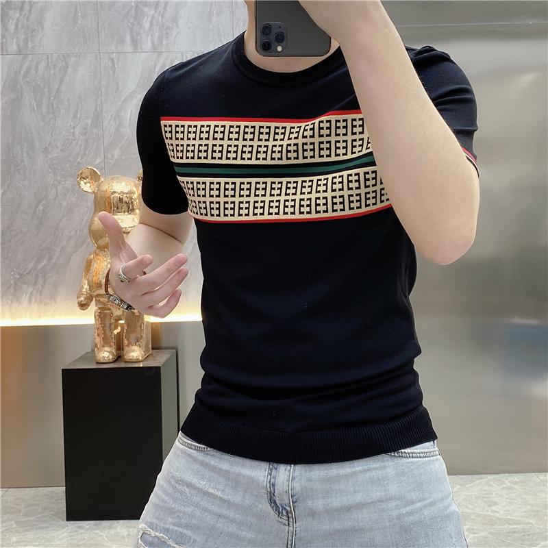 

Men's T-Shirts Summer Knitted T-shirt Men High Quality Short Sleeve Casual Ice Silk Breathable Streetwear Round Neck Tee TopsMen's, Black