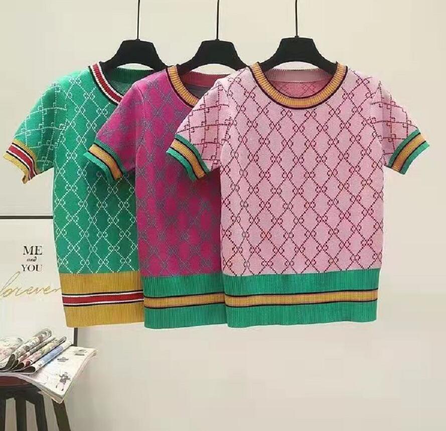 

Women' Knits & Tees Colorful Jacquard Flower Short Sleeve Tshirt Female Sweater Tops Tee Chic High Quality 22GG, Pink