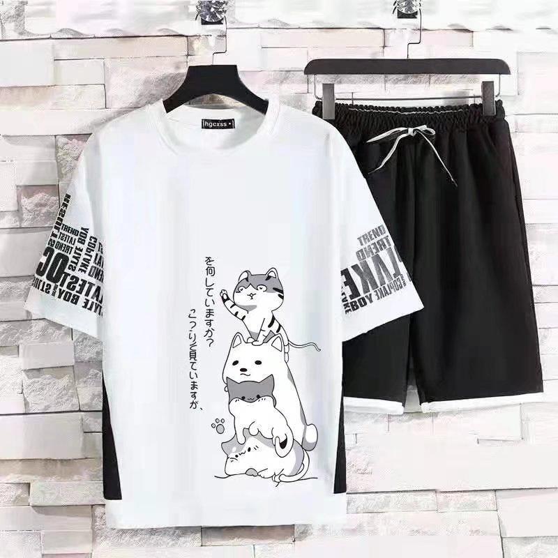 

Men's Tracksuits Japan Fashion Sets Cartoon Short Sleeve T Shirt+Shorts 2 Piece Casual Summer Men Clothing Streetwear Tracksuit, Szxm-black