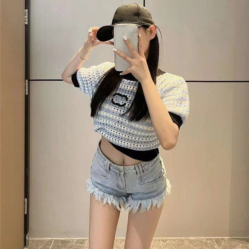 New Designer Womens Knits Women T Shirt Wear Tees Women Clothing Classic Stripe Hollowed Out Short Thin Knitted Loose Shorts Sleeved Blue Pink S