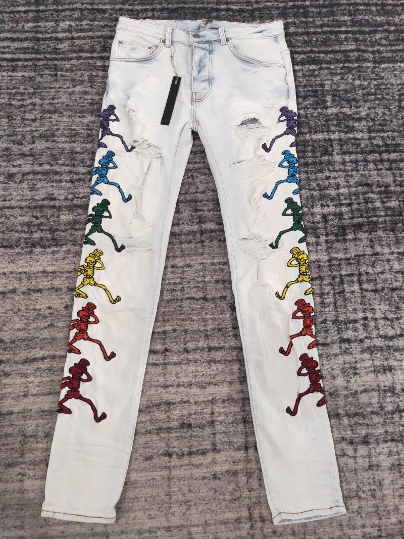 

Men's Jeans Discounted Men Side Embroidery Skeleton Distressed JeansMen's, As pic