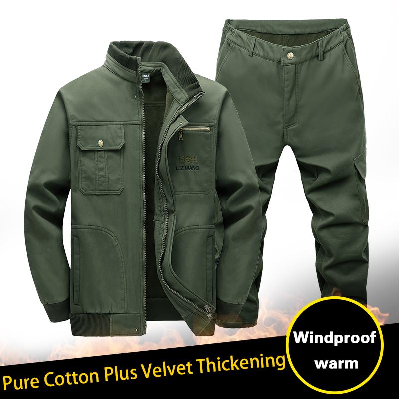 

Men's Tracksuits Male 2 Pieces Set Suits Outdoor Military Uniform Autumn Plus Velvet Thick Warm Work Clothes Anti-Scald Wear Resistant Sets, Green