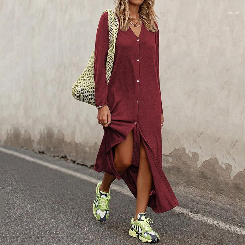 

Fashion Women' Short Sleeve Button Solid Color Casual Loose Long Dress Waist Tie Shirt Dresses, Brown