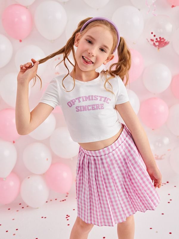 

Girls Letter Graphic 1 Tee And Gingham Pleated 1 Skirt SHE, Multicolor
