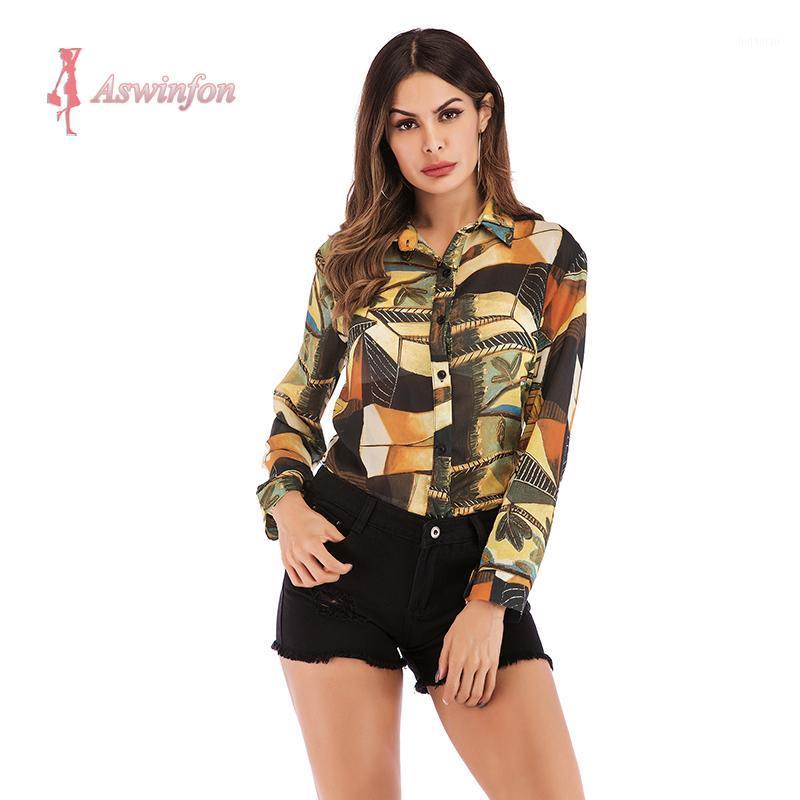 

Women's Blouses & Shirts Aswinfon Chiffon Shirt Fashion Printed Long Sleeve Blouse Button Up Turndown Collar Tops, Purple