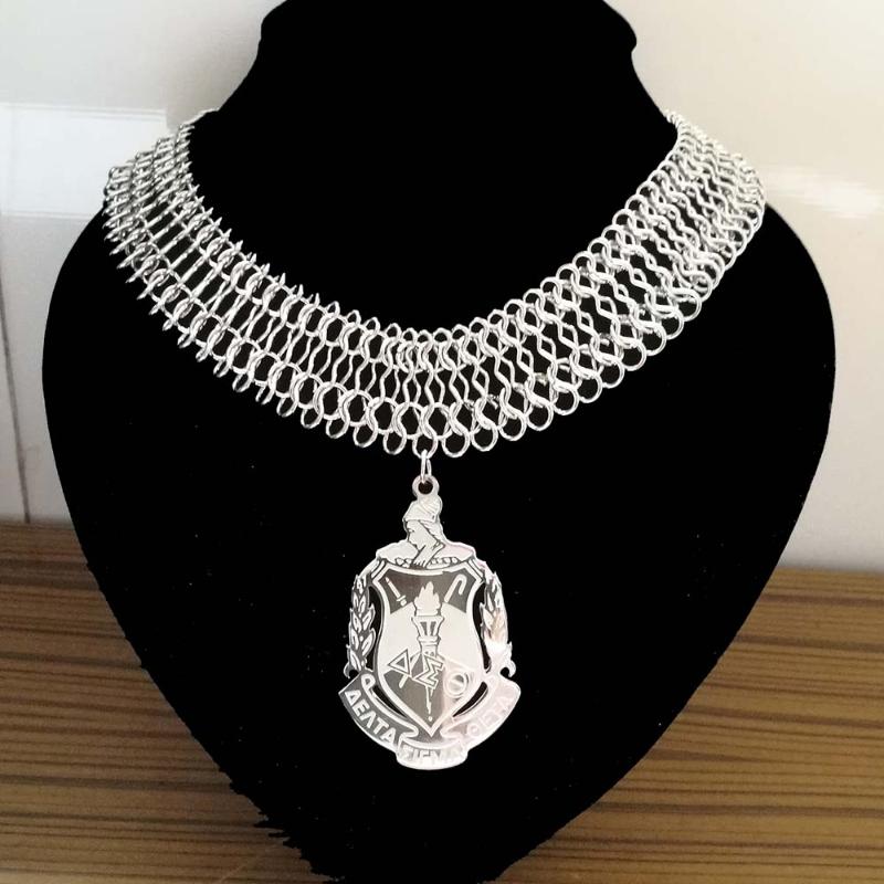 

Chains Big Size Stainless Steel Silver DST Shield Greek Sorority Women Fashion Statement Choker NecklaceChains