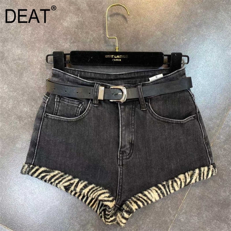 

DEAT summer Arrivals Velvet Liner Dark Grey lower Waist Denim Shorts Women With Belt ML605 210709, Dark gray