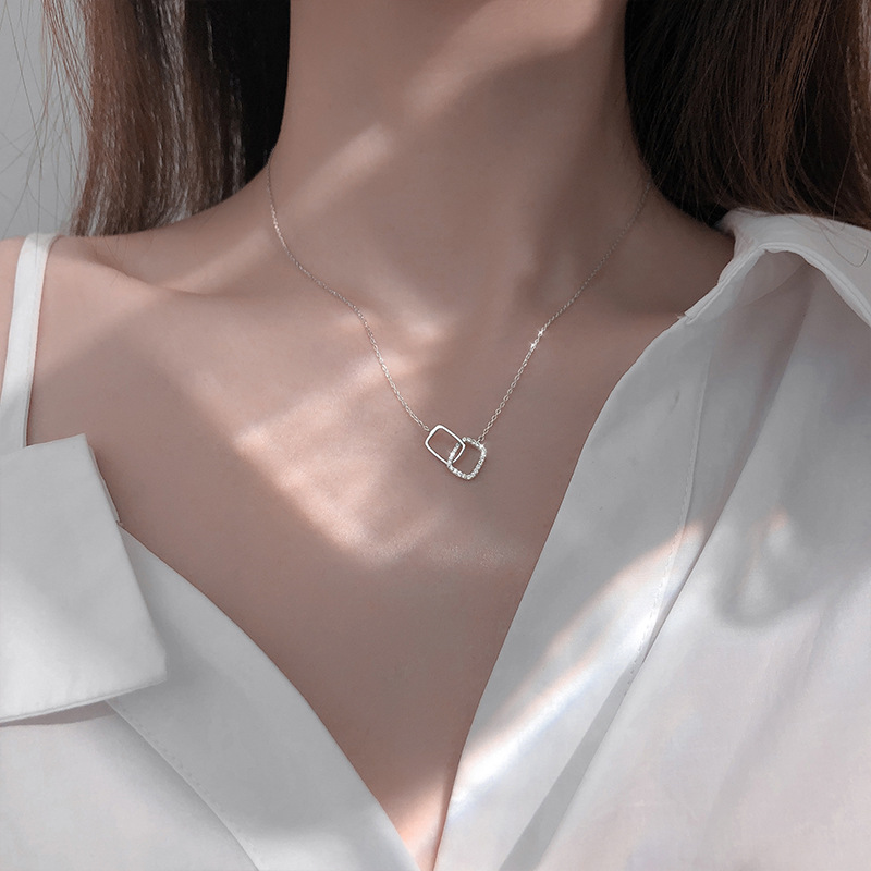 

Silver Color Zircon Square Interlocking Pendant Necklace for Women Light Luxury Birthday Gift Elegant Jewelry