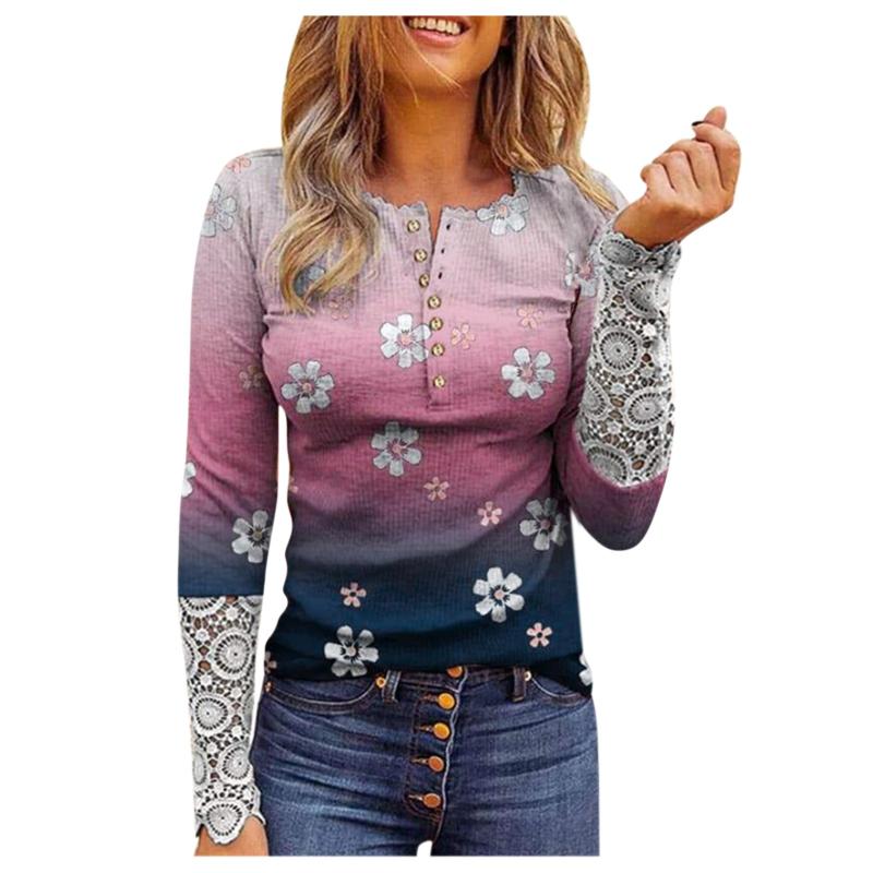 

Women' Polos Lace Top Long Sleeve O-Neck Blouse Tunic Front Button Shirt Casual Print Soft Tops ShirtWomen' PolosWomen, Blue