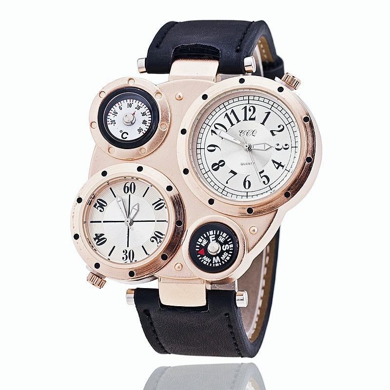 

Wristwatches Men Sports Watches Fashion Multi-dial Temperature Compass Military Watch For Leather Quartz Wristwatch Luxury Male ClockWristwa, Black light coffee