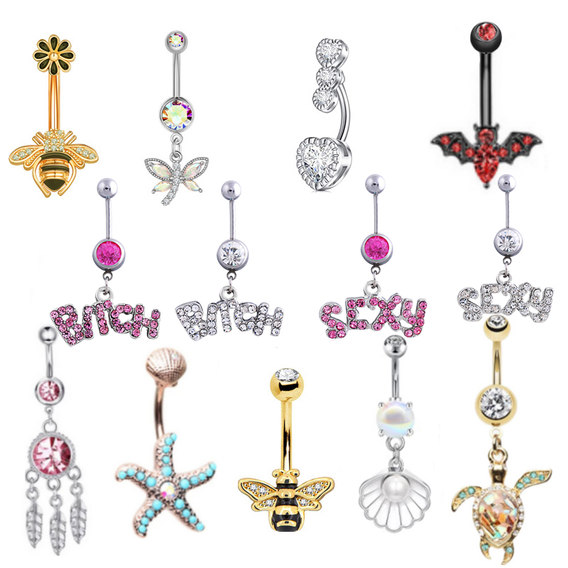 

Silver/Pink Sexy Crystal Body Navel Piercing Surgical Button letter Belly Ring Jewelry Bar 13 styles