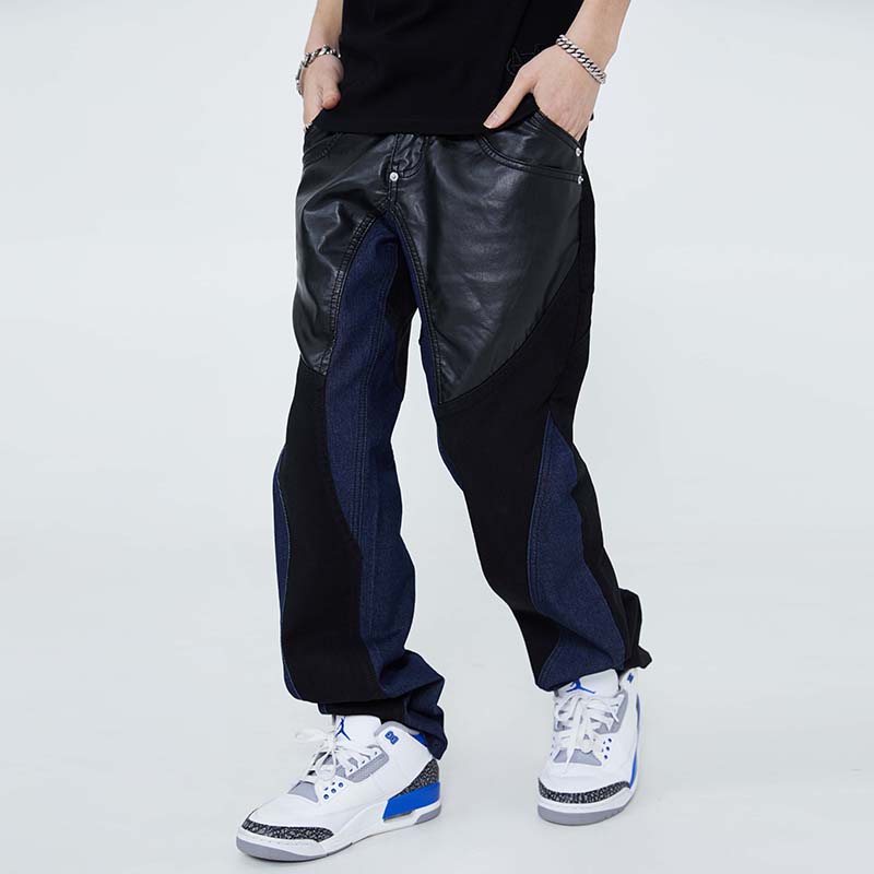 

Pu Leather Match Patchwork Mens Jeans Pants High Street Straight Loose Hip Hop Baggy Denim Trousers
