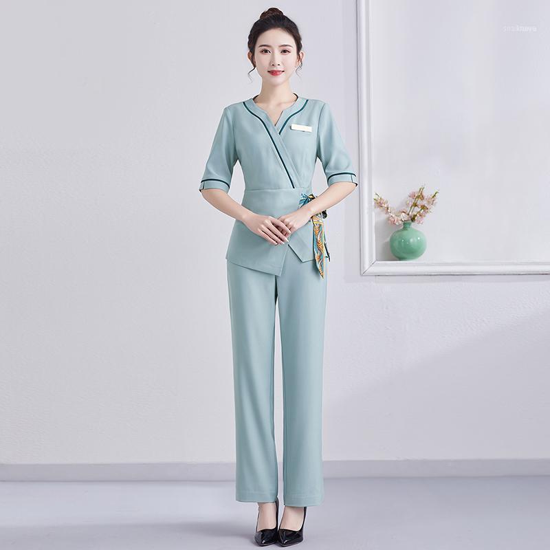 

Women' Two Piece Pants Beauty Salon Beautician Work Uniform Suits For Sauna Foot Bath Navy Blue Workwear Spa Massage Female Clothing Sets, Light green