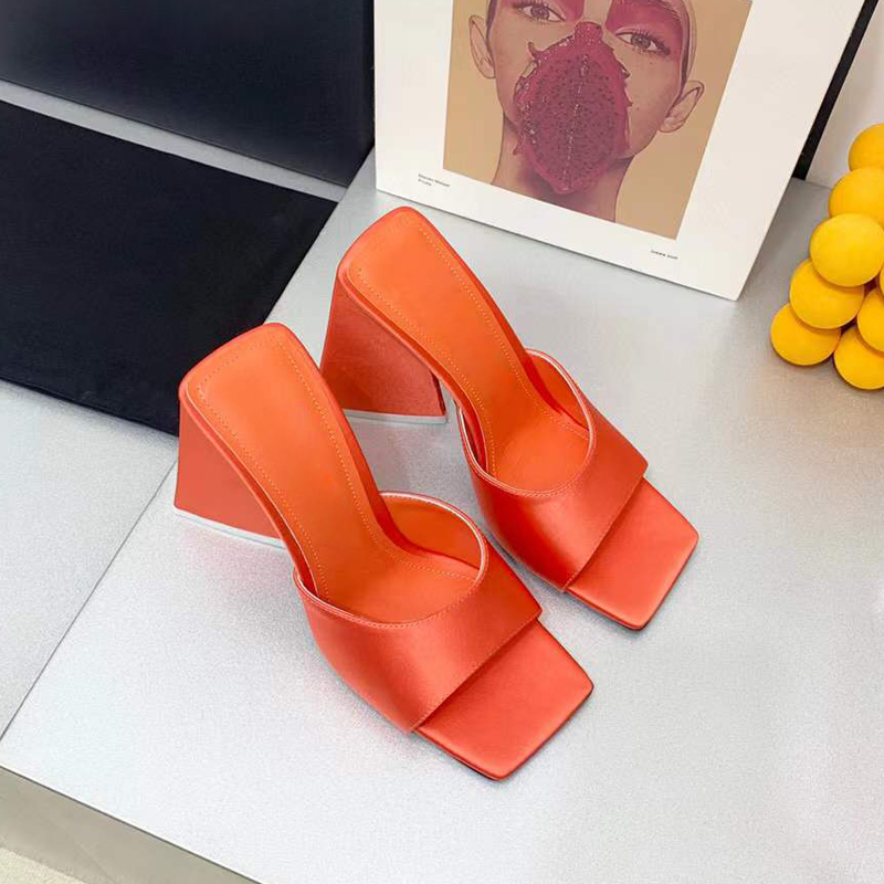 

Luxury Designer silk square head women's slippers thick heels comfortable fashion summer shoes 10cm sandals high heels original boxed